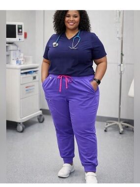 Figs High-Waisted Zamora Yoga Scrub Pants in Purple with Pink Accents 4XLP